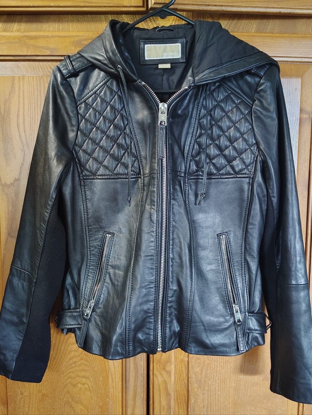 Michael Kors Women's Size L Black Leather Hooded Moto Race Jacket Coat Quilted